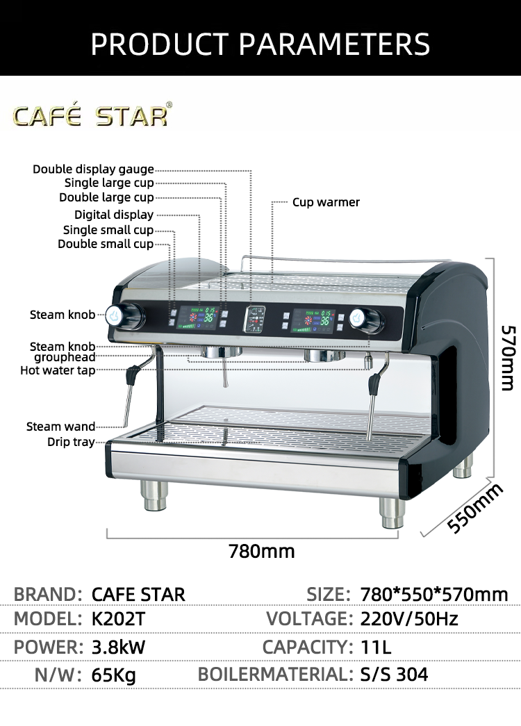 Macchina da caffè professionale semiautomatica a doppio gruppo per bar