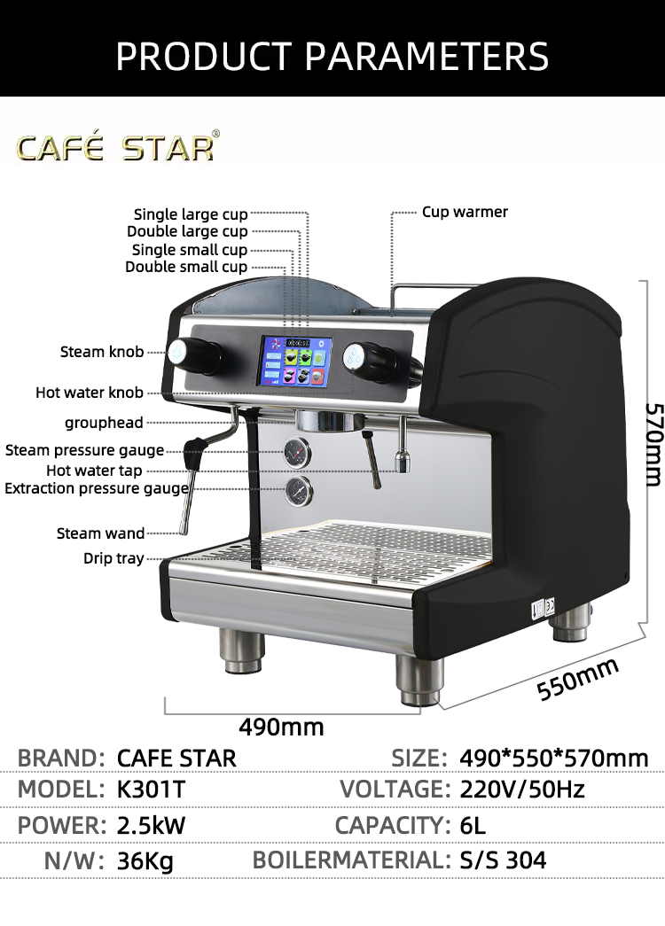 Macchina da caffè professionale da 6 litri semiautomatica elettrica a 9 bar, gruppo singolo